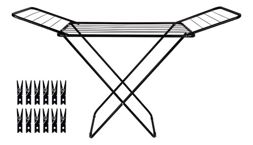 Varal De Chão Preto Com Abas Desmontável E Prendedores Mor