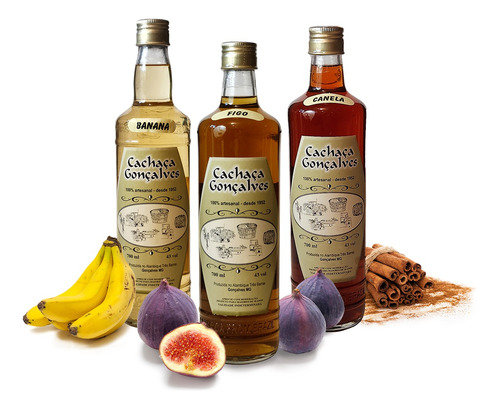 Kit Cachaça De Gonça 100% Artesanal Banana Canela E Figo