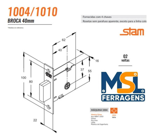 Trava Tetra Stam Fechadura Auxiliar 1004 Roseta Redonda Inox Cor Cromado