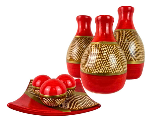 Jogo Ceramica Decorativo Centro Mesa Sala Enfeite Conjunto Cor Leticia Vermelho Dourado