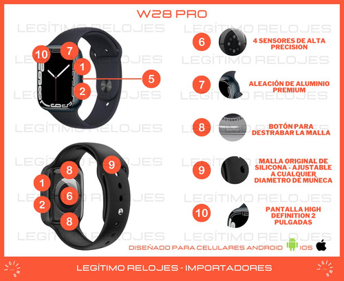 Imagen 3 de 10 de Smartwatch W28 Pro Reloj Inteligente Hombre Mujer Tope Gama