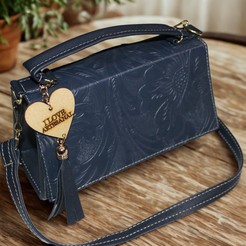 Bolsa Mariconera Crossbody Mujer Diseño Artesanal P/ Regalo Azul Marino Floreado Oro Azul Marino