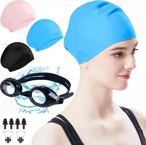 Gorro de natación para mujer, paquete de 2 gorras de natación de silicona  para cabello largo, sombreros de natación elásticos con tapones para los