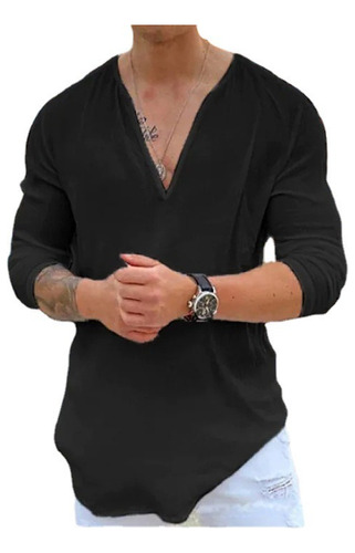 T -camiseta Larga -lino De Algodón Simple En V -neck Algodón