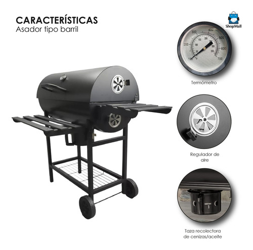 Asador Tipo Barril De Carbón Con Gran Área De Cocción Móvil Color Negro