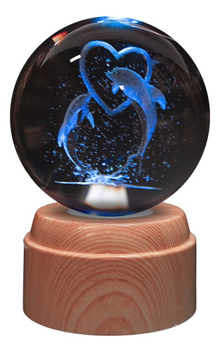 Lampara De Noche Bola Cristal Base Giratoria Led 3d Colores Madera Delfines