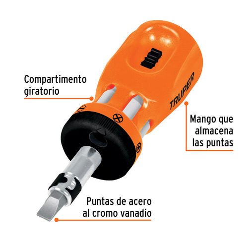 Desarmador Tipo Trompo Con Matraca, 6 Puntas Dobles, 10494