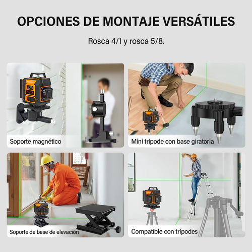 Nivel Láser 4x360 16 Líneas 4D Nivelador Autonivelante cruzada verde para construcción y colgar cuadros, SUSASSY SHMXF125OR batería recargable, mando a distancia, soporte giratorio magnético incluido