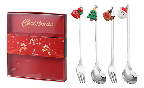 Cuchara De Navidad Y Tenedor De Postre Navideño De Acero Ino