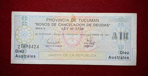 Billete Bono Tucumán 10 Australes 1989 Col 115 