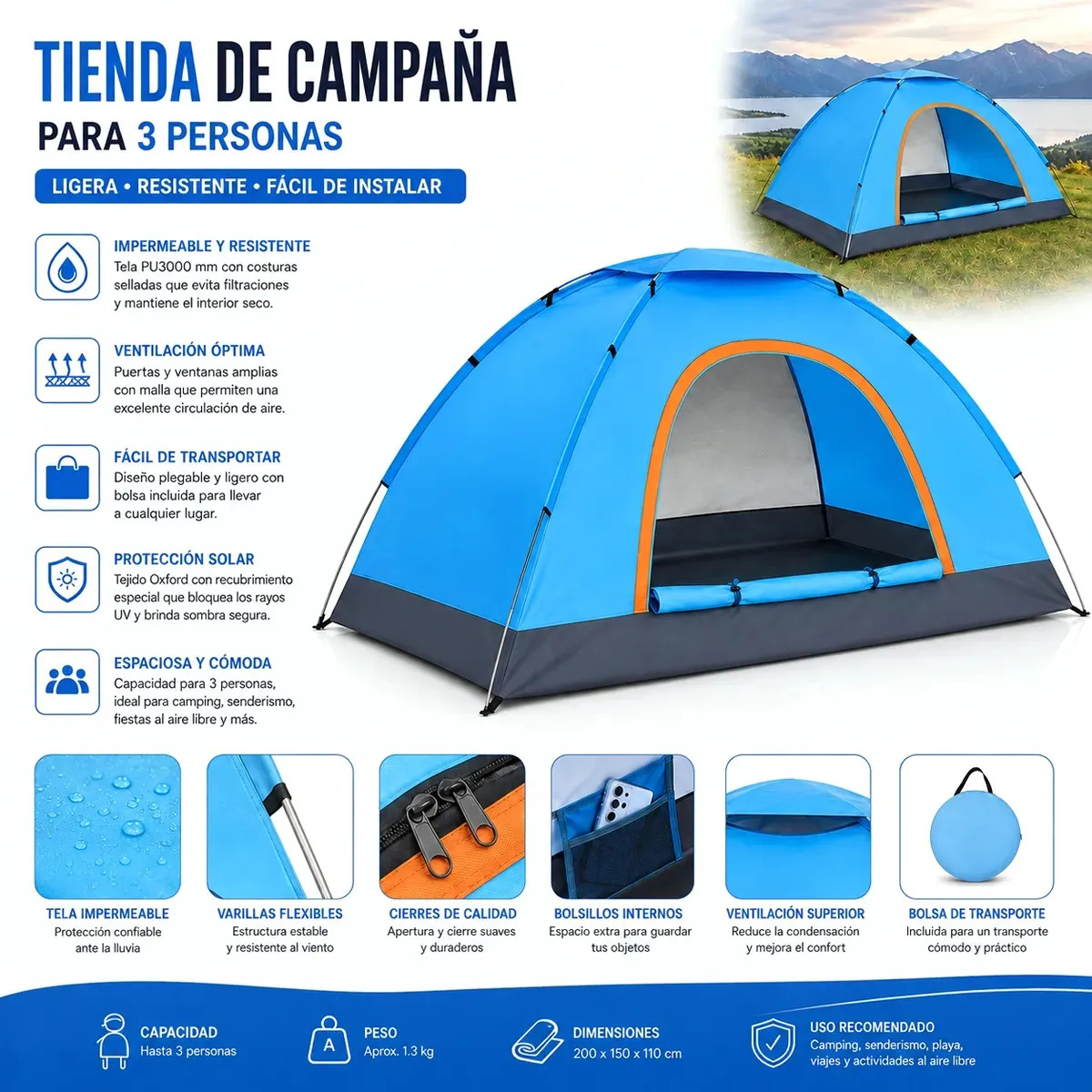 Tienda Casa Campaña Para Acampar 3 Persona Fácil Instalar Azul