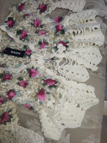 Sweater Lana Mohair Crochet Calado Flores Rosas 3d Y Brillos
