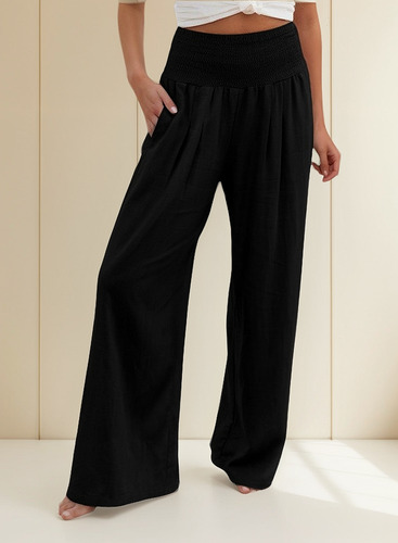 Pantalones Casuales De Pierna Ancha Con Cintura Elástica De