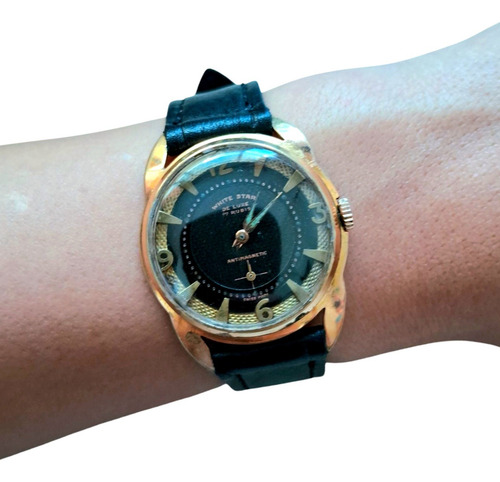 Reloj Pulsera Star White De Luxe Cuerda Hombre Suizo Años 50 Negro Dorado Negro (Usado)