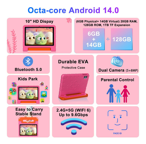 Tableta Infantil Ziovo 2025 De 10 Pulgadas Con Android 14, 2