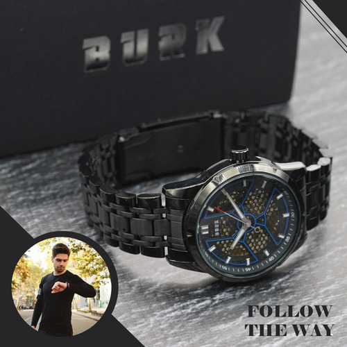 Reloj Hombre Burk 9225 Original Eeuu Automatico Minimalista Color De La Malla Negro Color Del Fondo Azul