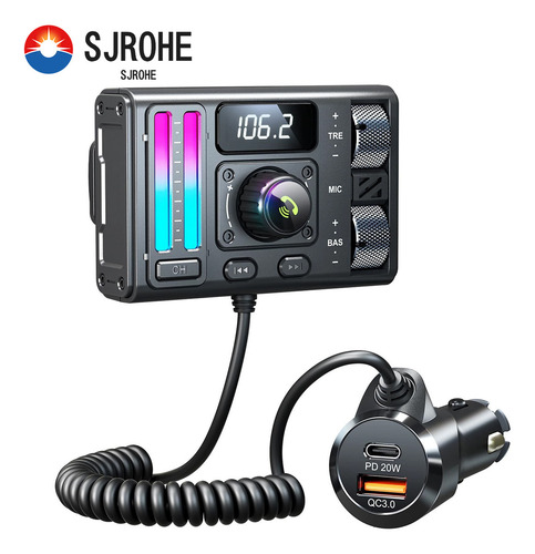 Sjrohe Transmisor Fm Bluetooth Qc 3.0 Usb Carga Rápida Adaptador Pd 30w Con Led Rgb Bluetooth 5.3 Fm Receptores Bluetooth Para Auto Audio Hd Llamadas Por Bluetooth Transmisor Bluetooth Fm Color Negro