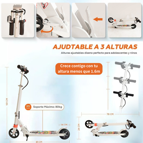 Scooter Eléctrico Patinete Plegable Patín Para Niños Led Luz Blanco