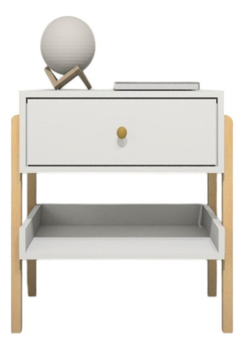 Mesa De Cabeceira Em Mdf Pés Pinus Com 1 Gaveta E Prateleira Acabamento Fosco Cor Branco TX