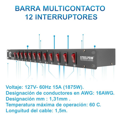 Barra Multicontacto Switchera 12 Contactos Rack Steelpro