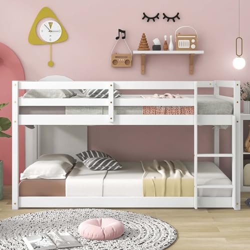 Cama Litera Suelo Gemela Con Escalera Madera Blanca