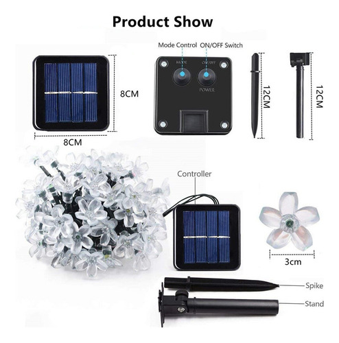 , Cable De Luz Led, 50 Flores De Cerezo, 7 Metros, Solar