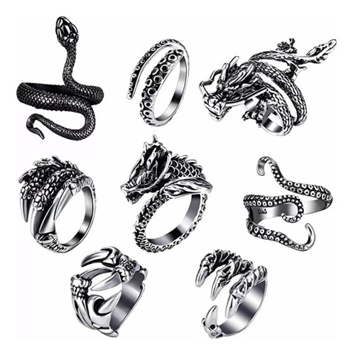 Anillo Ajustable Retro Punk Pulpo Dragón Serpiente 8 Piezas