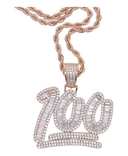 Iced Out Bling 5a Cz Paved Number 100 Charm Colgan Rose 24in