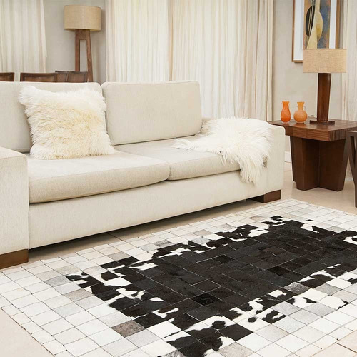 Alfombra Patchwork De Cuero Vacuno, Degrade 1,5 X 2,4 M Color Negro Diseño De La Tela Cuadros