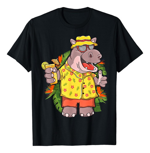 Hipopótamo En Traje Hawaiano Y Sombras Divertida Camiseta De