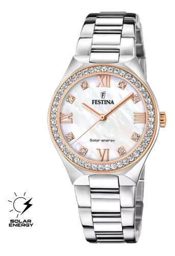 Imagen 1 de 2 de Reloj Festina F20658 Dama Acero Solar Energy Color Del Fondo 1 Color De La Malla Plateado Color Del Bisel Dorado