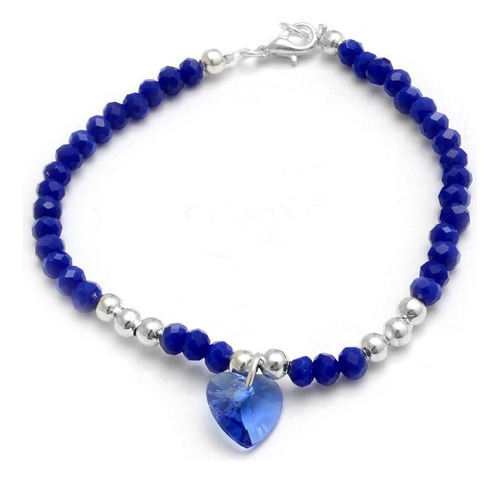 Pulsera Cristal, Bolitas Y Corazón Azul 18cm De Acero Blanco