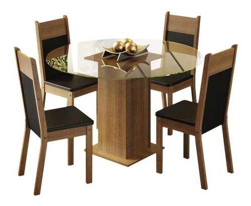 Sala Jantar Madesa Ana Mesa Tampo Vidro Redond 4 Cadeiras Rp Cor Rustic/Preto MDJA0401197KPT