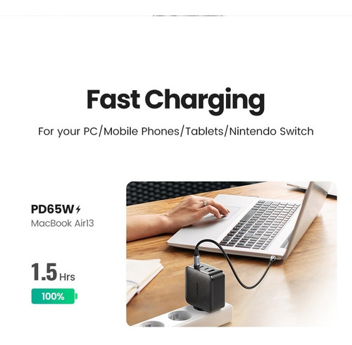Imagen 3 de 10 de Cargador Macbook iPad Pro iPhone 12 Tipo C* 3 Usb 65w Ugreen