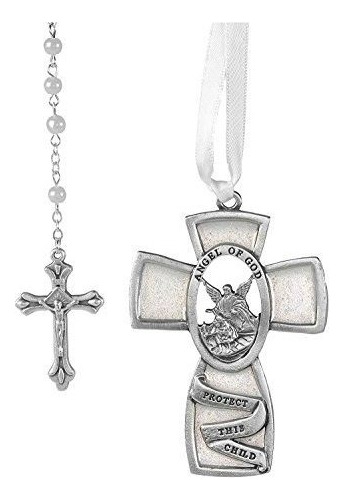 White Guardian Angel Crib Medal & Rosary Set Baby Infant