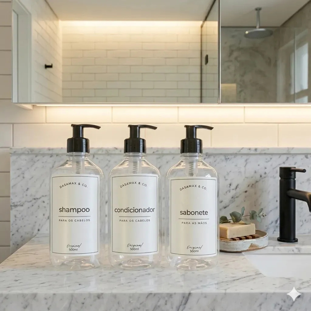 Kit Banheiro 3 Frascos 500ml Shampoo Condicionador Sabonete Transparente Baixo