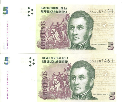 Dos Billetes Correlativos 5 Pesos Serie  I  Excelente