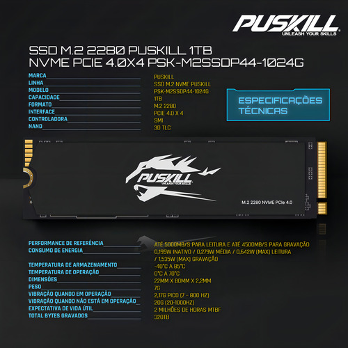 Hd Ssd M.2 2280 PUSKILL 1tb NVMe PCIe 4.0x4 Psk-m2ssdp44-1024g