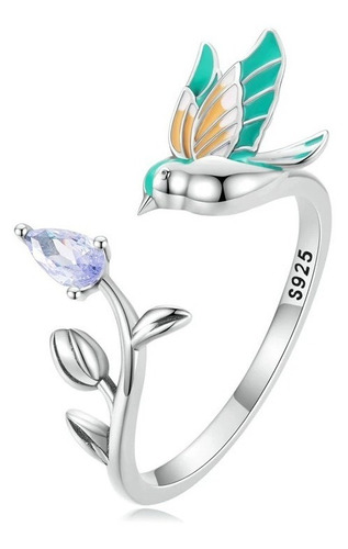 Anillo Ajustable Para Mujer Pájaro Colibrí Rama En Plata 925