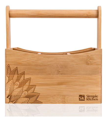 Porta Cubiertos De Madera De Bambú Y Diseño Grabado Con Asa