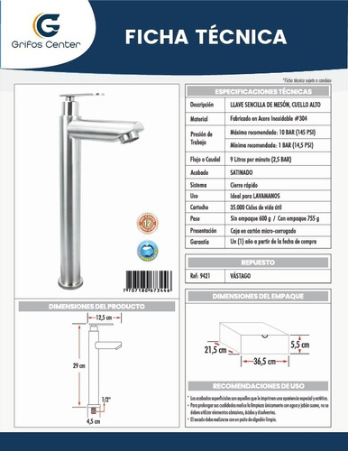 Imagen 2 de 4 de Llave Lavamanos Alta Acero Inoxidable Agua Fria
