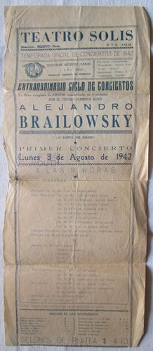 Antiguo Boletin Teatro Solis Pianista Alejandro Brailowsky