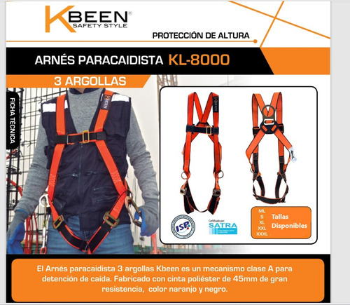Arnés Paracaidista 3 Argollas Kbeen T/m-l, Xl Certificado