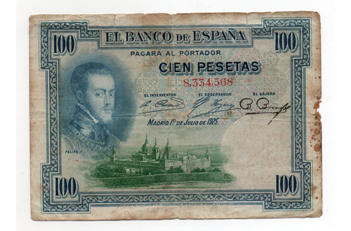 España Billete 100 Pesetas Año 1925 P#69a Felipe Ii