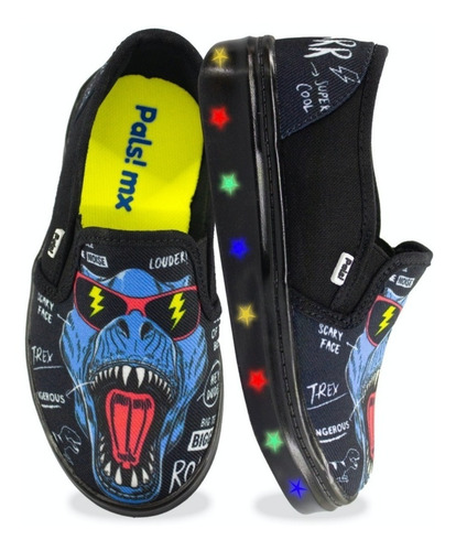 Imagen 2 de 7 de Tenis Negro Luces Led Niño Dinosaurio Trex Jurassic, Pals Mx
