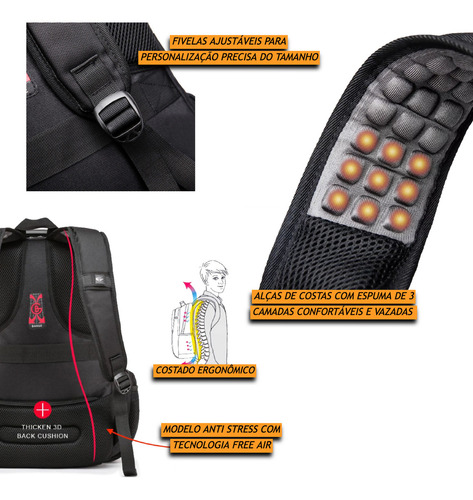 Mochila Executiva Reforçada Alça Cabo De Aço C/ Cadeado 40 Litros Masculina Bange Premium Para Notebook 17,3 Polegadas Viagem Bordo Impermeável Cor Preto