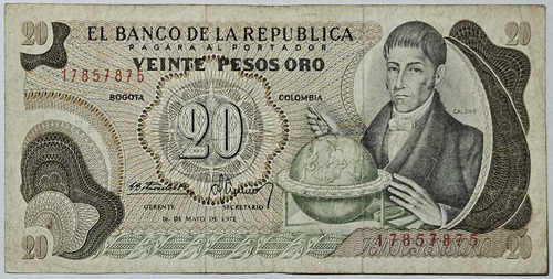 Billete 20 Pesos 01/may/1972 Colombia F-vf