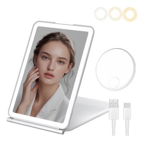 Espelhos Para Maquiagem Led Dobravel E Portátil Com Espelho 10x Carregamento Usb Fonte De Luz De Três Cores Cor Branco