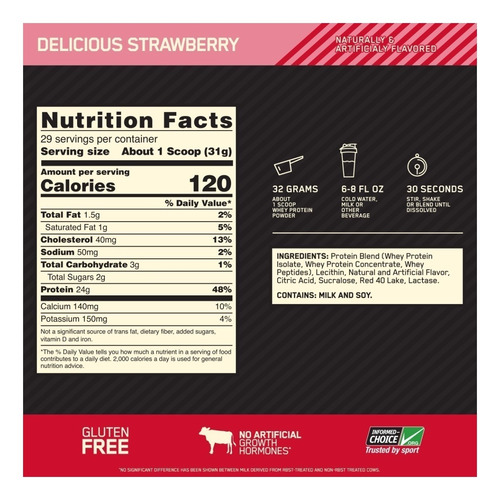 Imagen 2 de 2 de Suplemento en polvo Optimum Nutrition Gold Standard 100% Whey proteína sabor delicious strawberry en pote de 907g