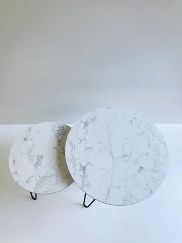 Mesa Arrime Nido Ratona Redonda Set X2 Simil Marmol Carrara